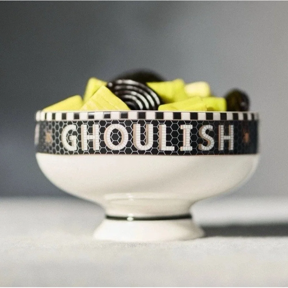 Anthropologie Bistro Tile Nut Bowl Set 2 Halloween Witch Cat & Bat Dessert Black